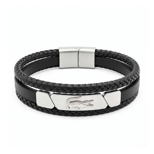 Lacoste Men's Multi-Layer Black Leather & Stainless Steel Bracelet