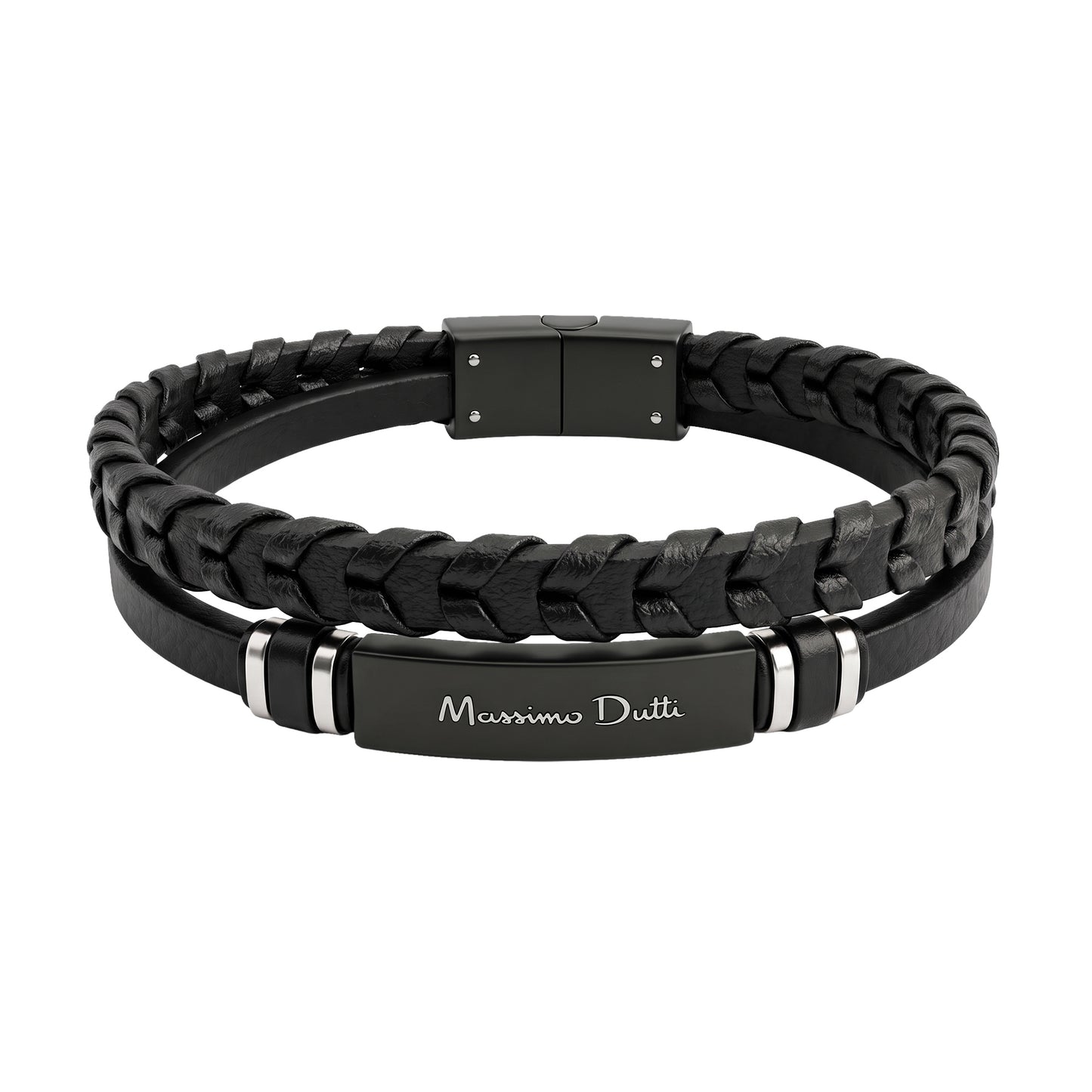 Massimo Dutti Men's Black Double-Strand Leather & Matte Black Steel Bracelet