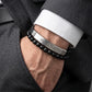 Massimo Dutti Men's Double-Strand Black Leather & Beaded Steel Bar Bracelet