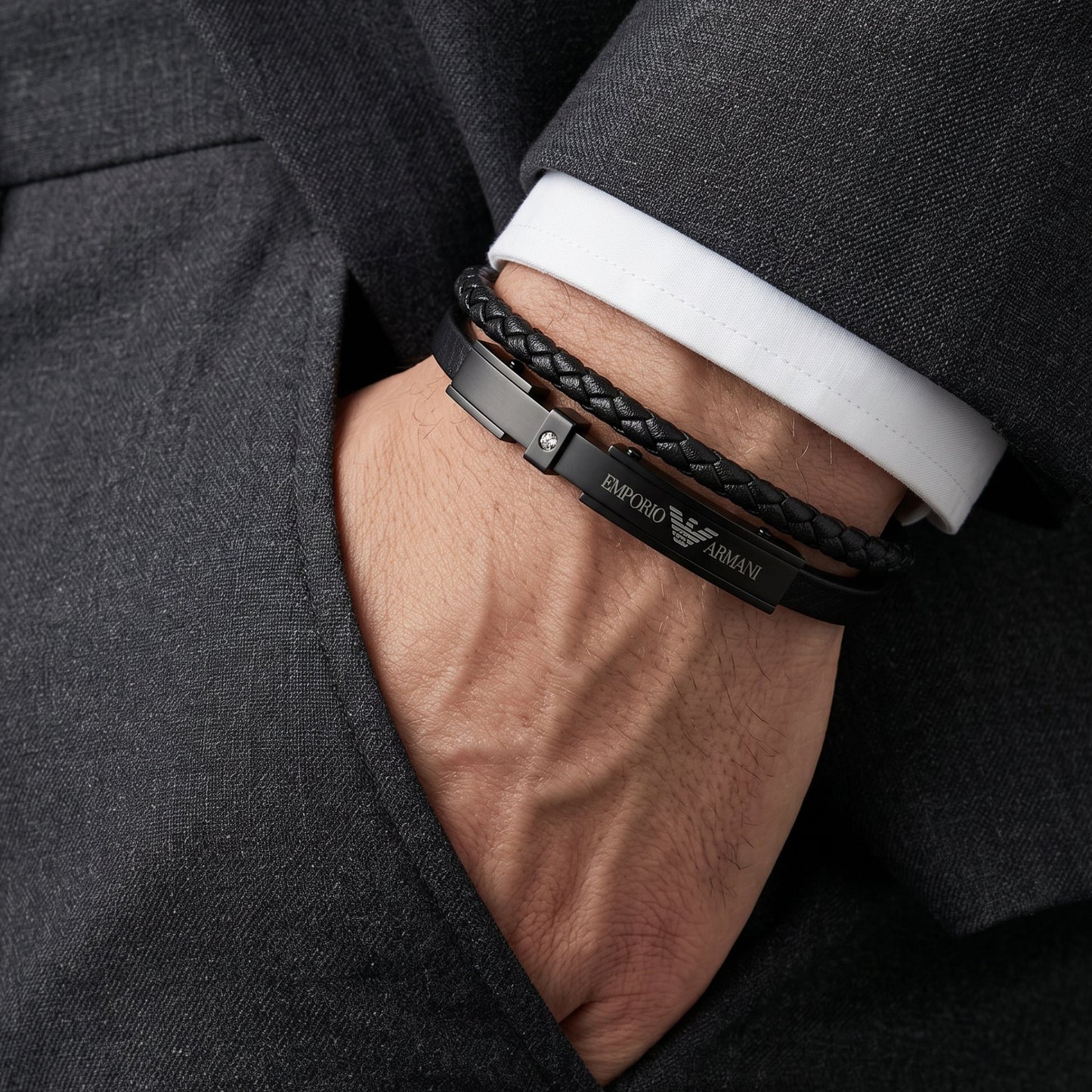 Men's Black Braided Leather & Crystal-Accent Steel Bar Bracelet