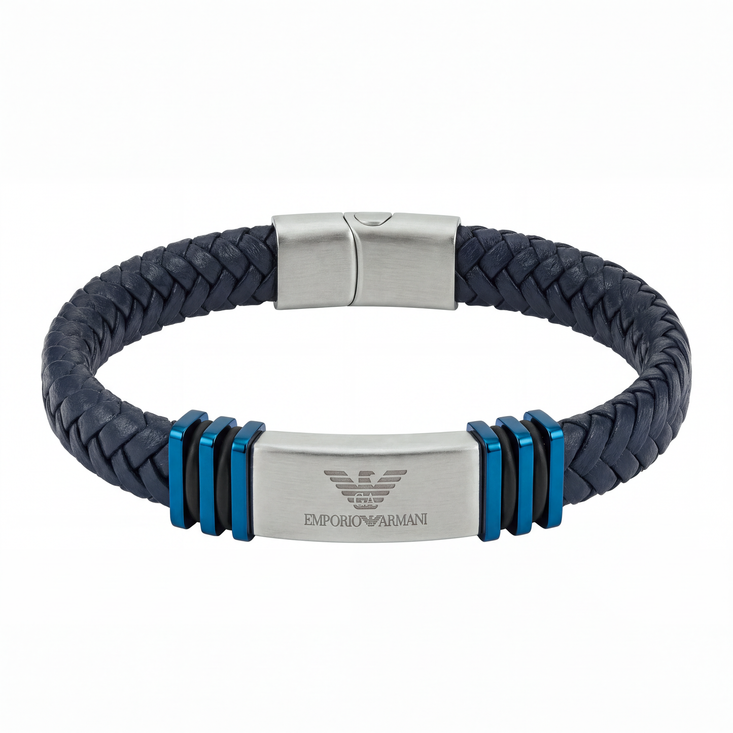 Emporio Armani men's navy braided leather bracelet with blue steel bars, front view on white background