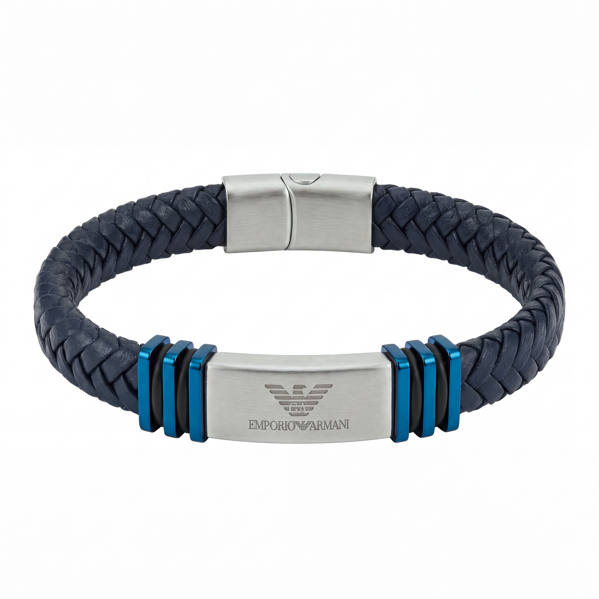Emporio Armani men's navy braided leather bracelet with blue steel bars, front view on white background