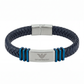 Emporio Armani men's navy braided leather bracelet with blue steel bars, front view on white background