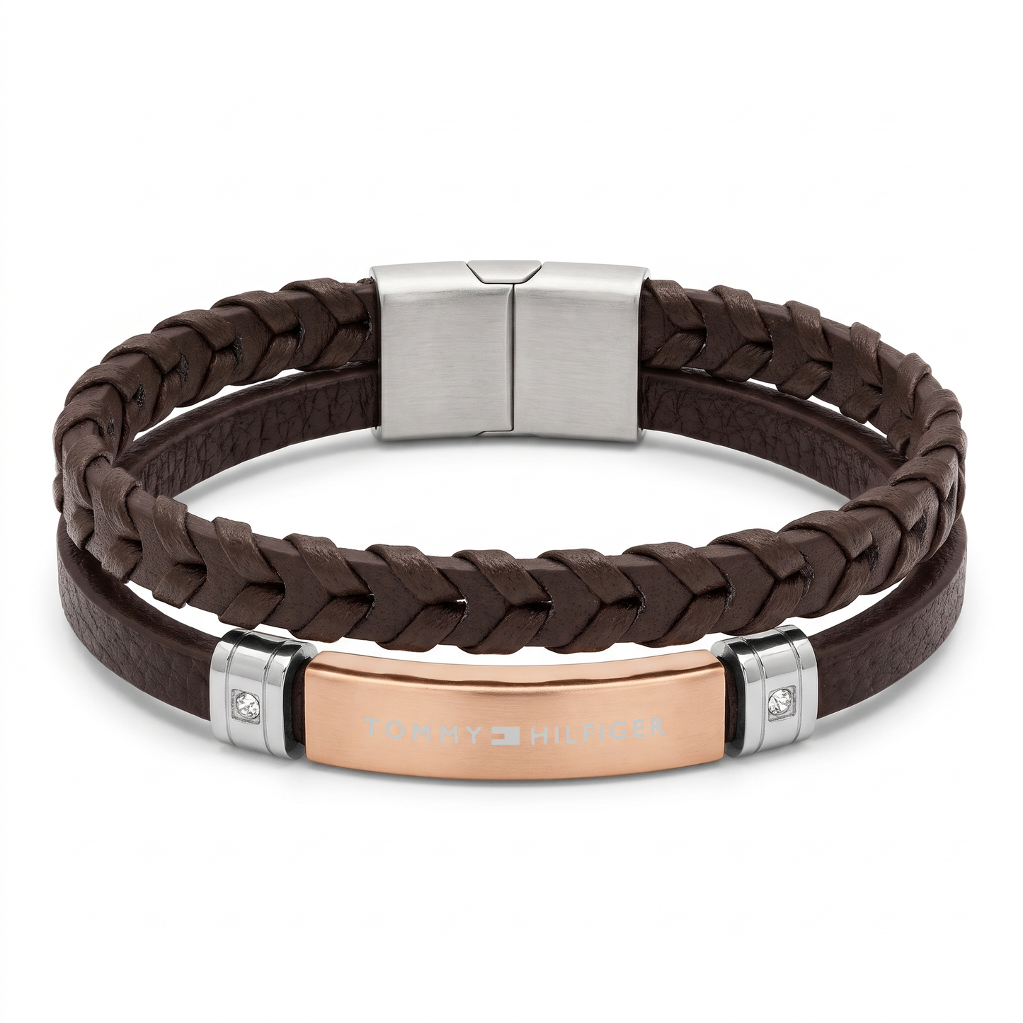 Tommy Hilfiger Double-Strand Brown Leather & Rose Gold Steel Bracelet