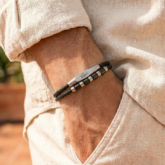 Lacoste Men's Double Layer Braided Leather & Stainless Steel Bracelet