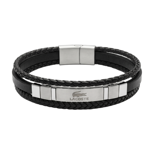 Authentic Lacoste Layered Black Leather & Steel Men's Bracelet
