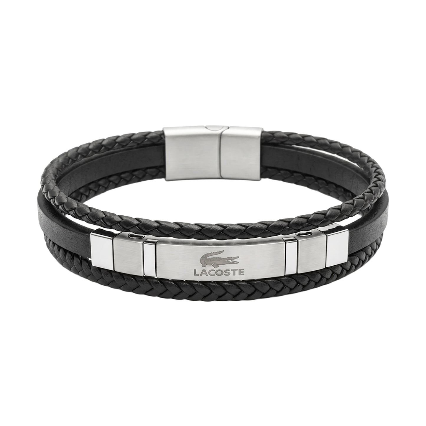 Authentic Lacoste Layered Black Leather & Steel Men's Bracelet