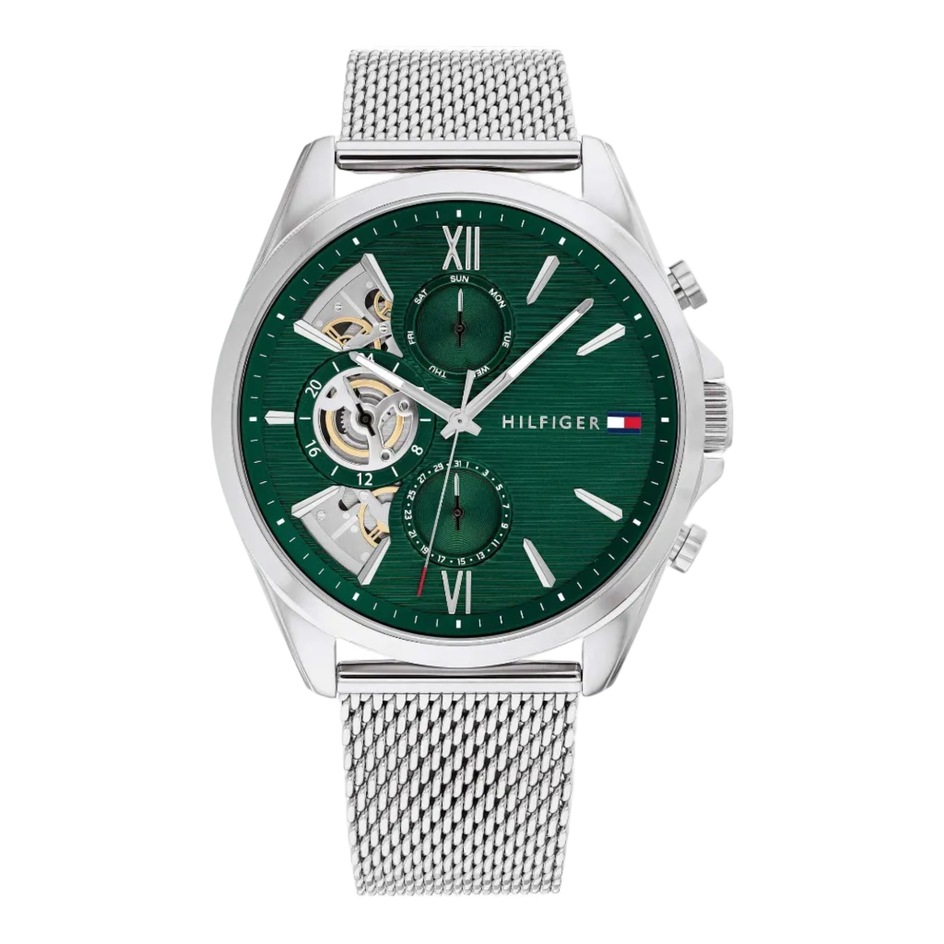 Tommy Hilfiger Baker 1710647 green skeleton dial mesh watch - front