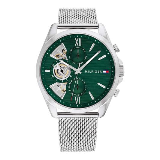 Tommy Hilfiger Baker 1710647 green skeleton dial mesh watch - front