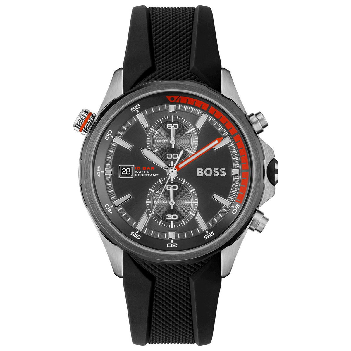 Black effect chronographs watch with textured silicone strap