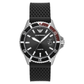 A sporty black dial watch with an interchangeable strap