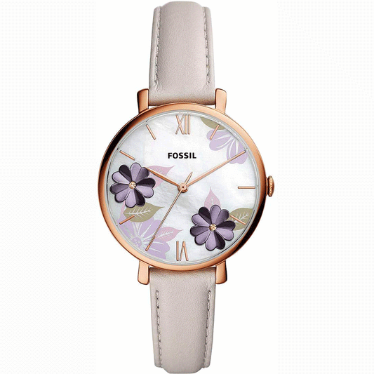 Fossil Leather Floral-Dial Round Analog women watch