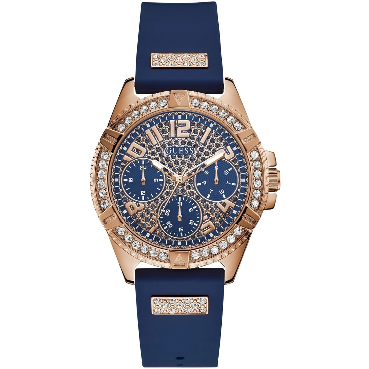 Guess women watch with blue dial with frame of stones