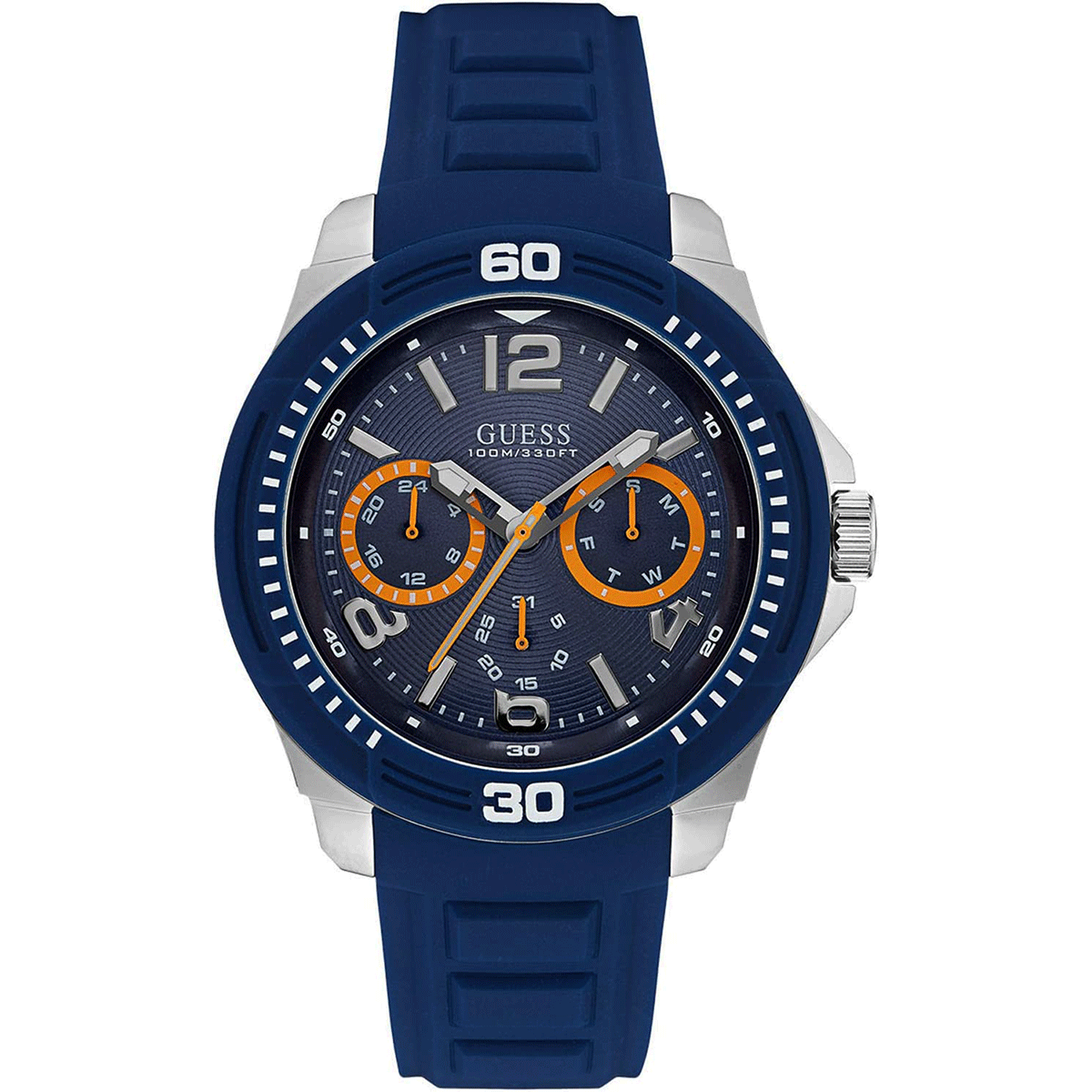 Multifunction Guess watch for men with blue rubber strap