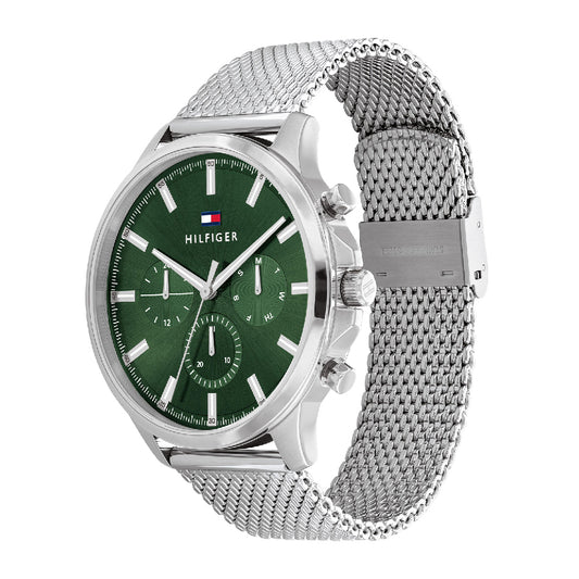 Elegant men's watch with green dial and mesh bracelet