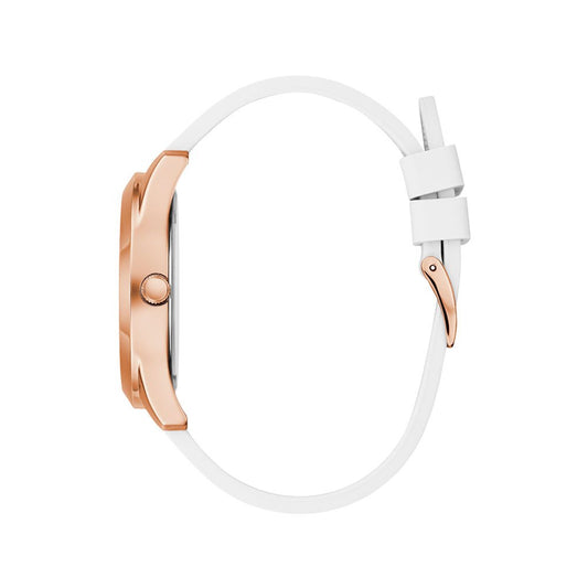ساعة GUESS Watch Crush للسيدات من السيليكون الأبيض مع هيكل من الذهب الوردي