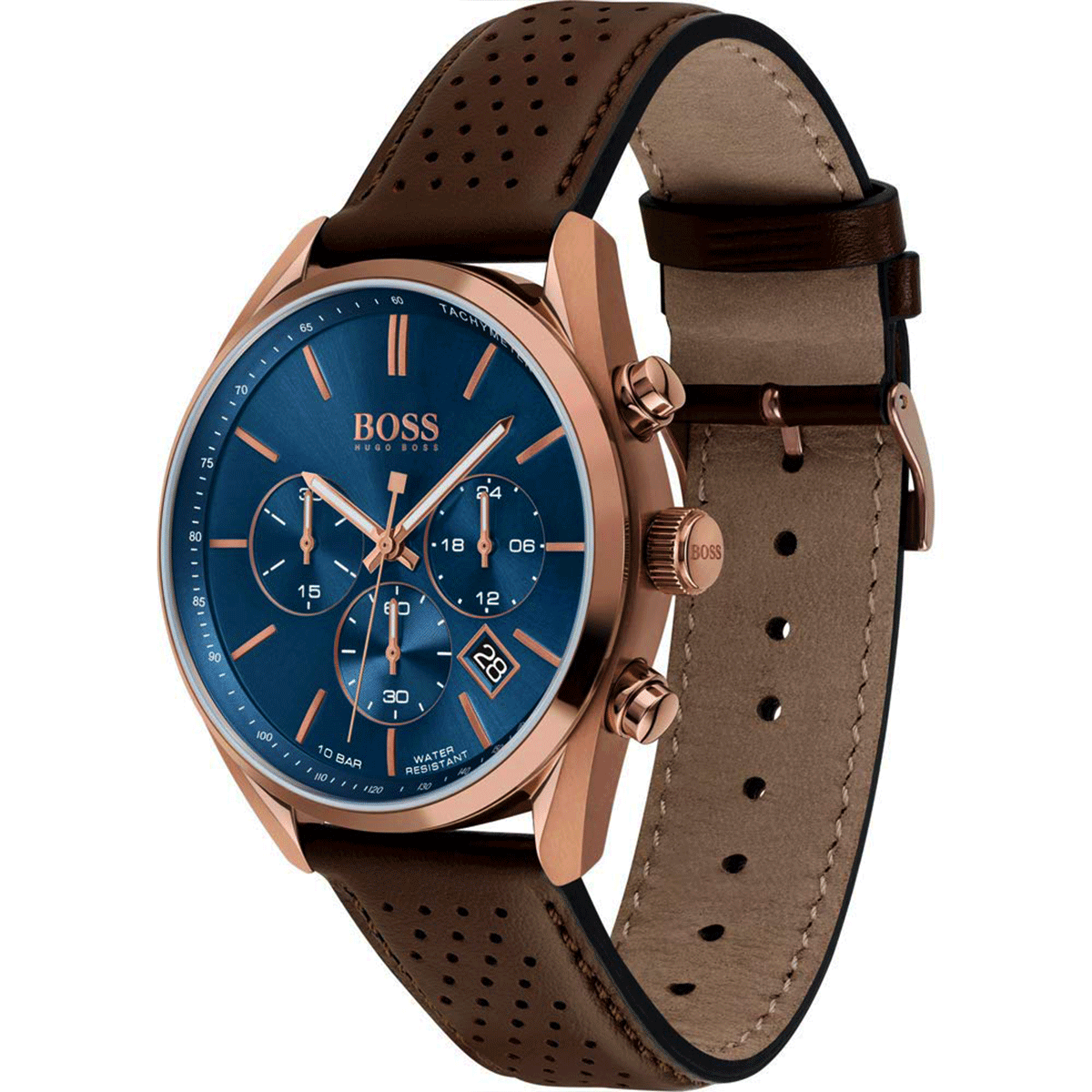 Men watch with brown leather strap and blue dial