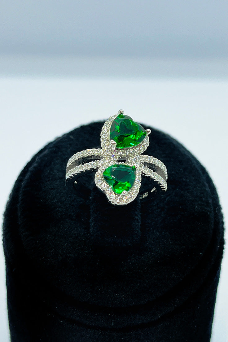 Green zircon hearts silver ring