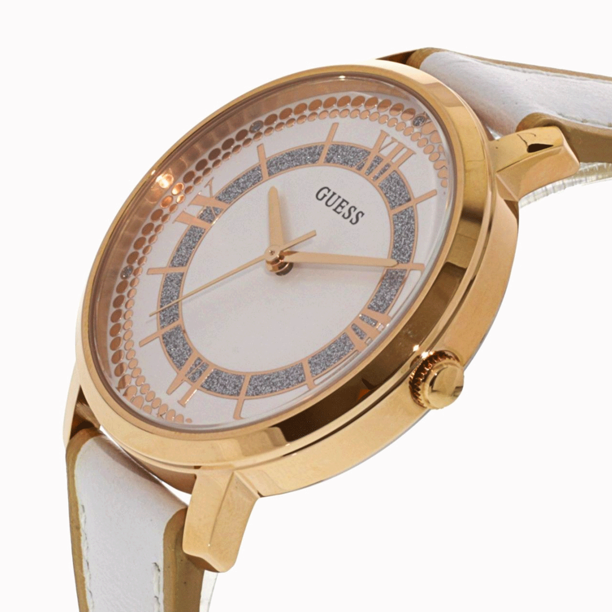 GUESS Ladies rose gold watch with white leather strap W0934L1