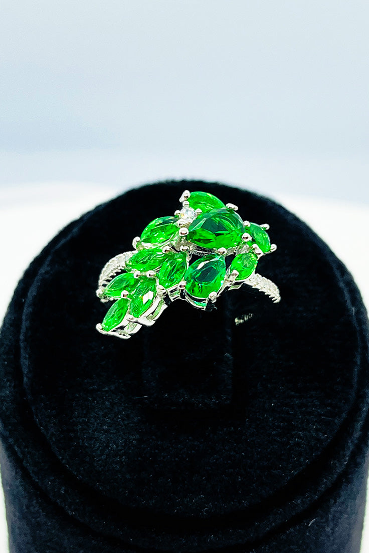 An elegant green leaves zircon stones silver ring