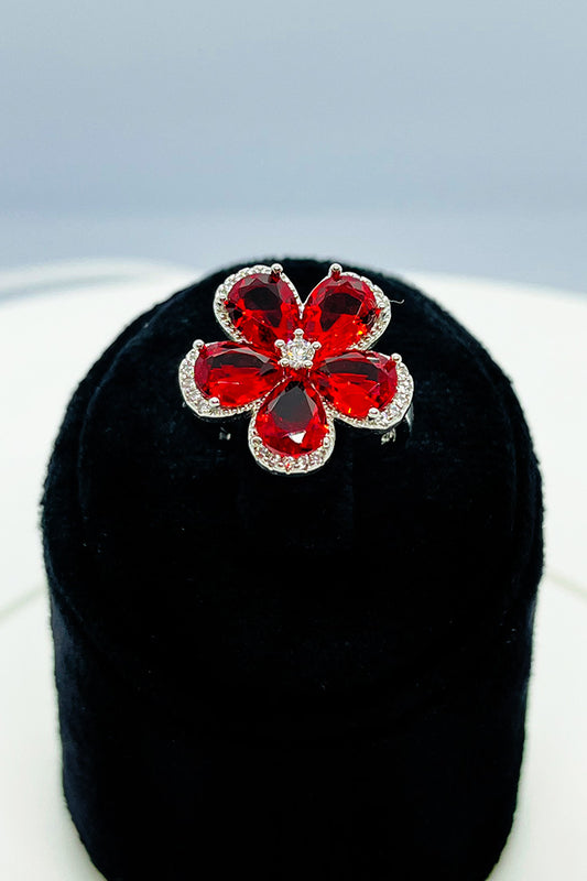 Red flower ring with zircon stones Italy silver