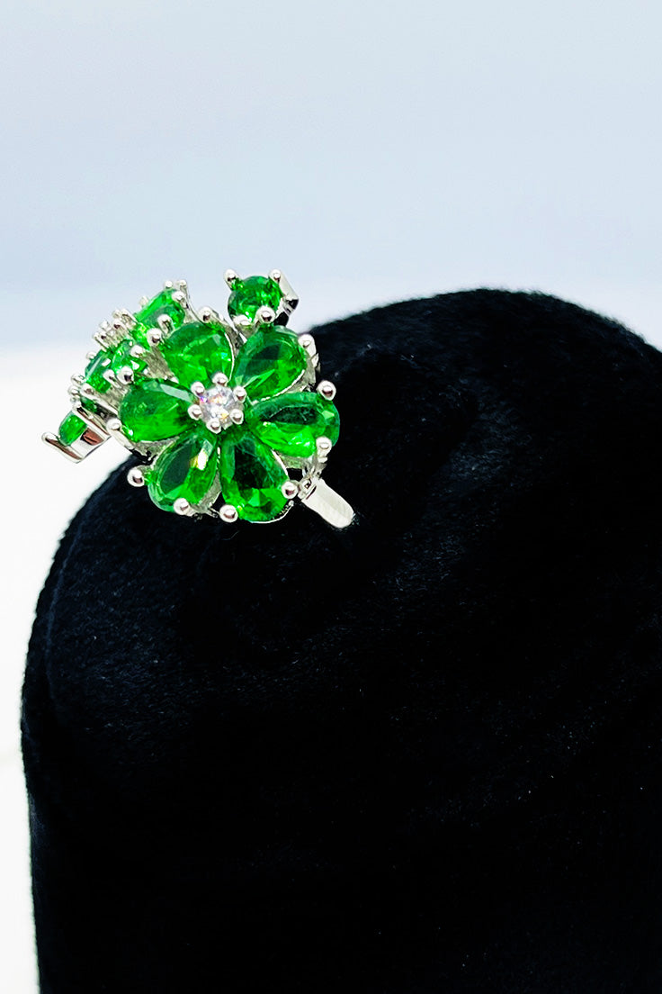 Lovely two green flowers with zircon stones silver ring