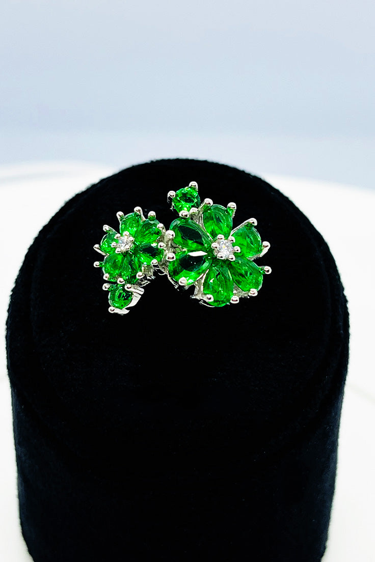 Lovely two green flowers with zircon stones silver ring