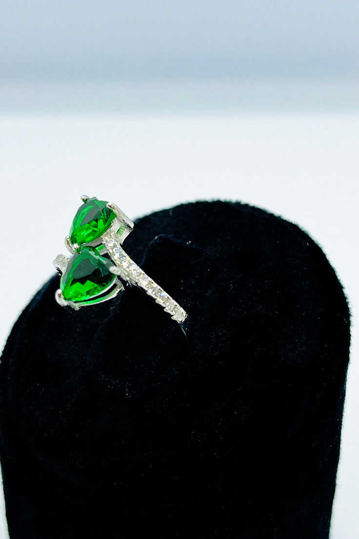 Two green hearts silver ring